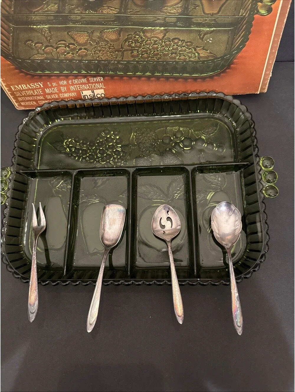 Vintage Indiana Glass Olive Green 5-Part Relish Tray In Original Box 12.5” X 9”